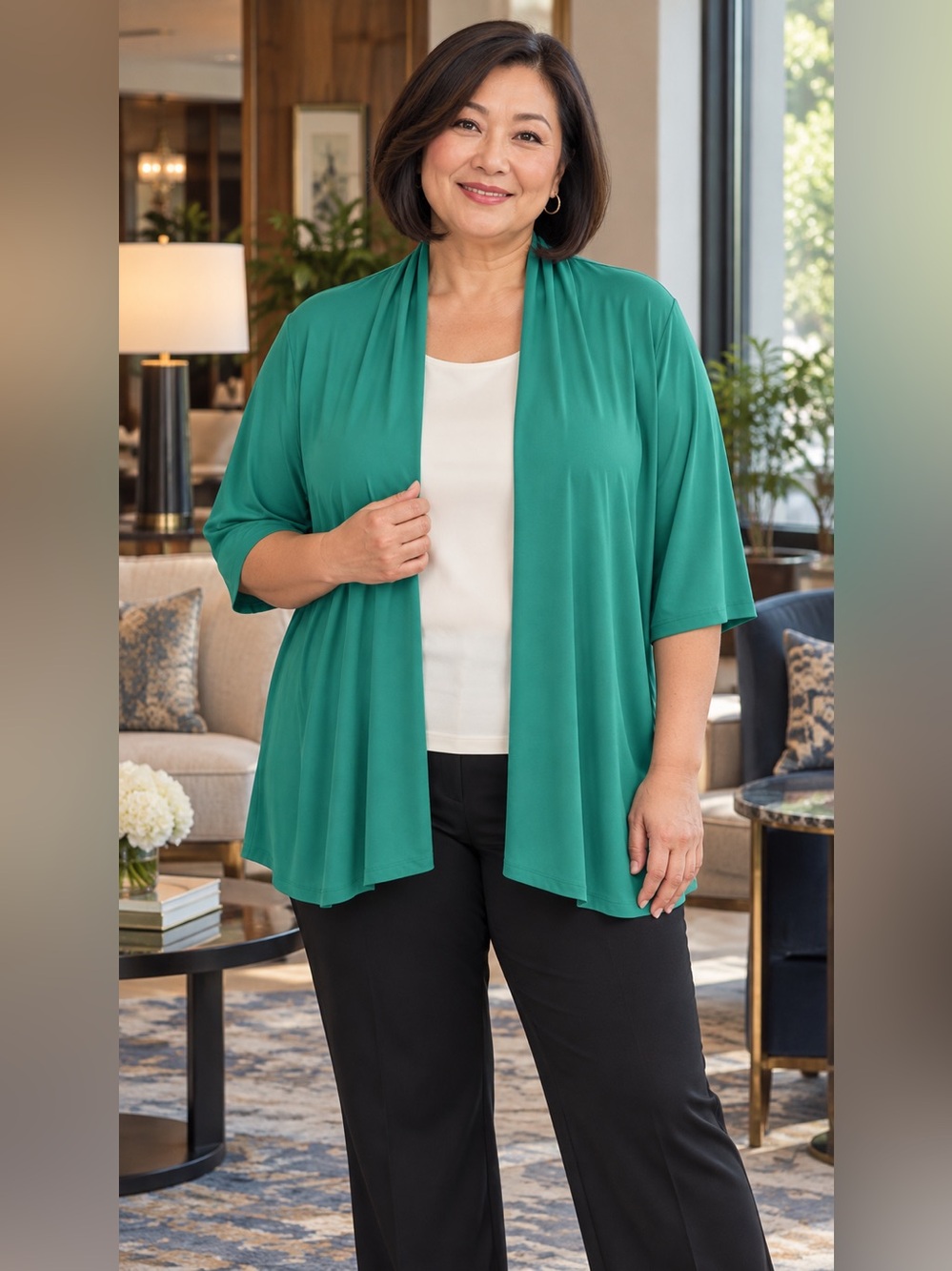 Nina Leonard 2X NWT Emerald Miracle Matte Jersey Open Front Cardigan